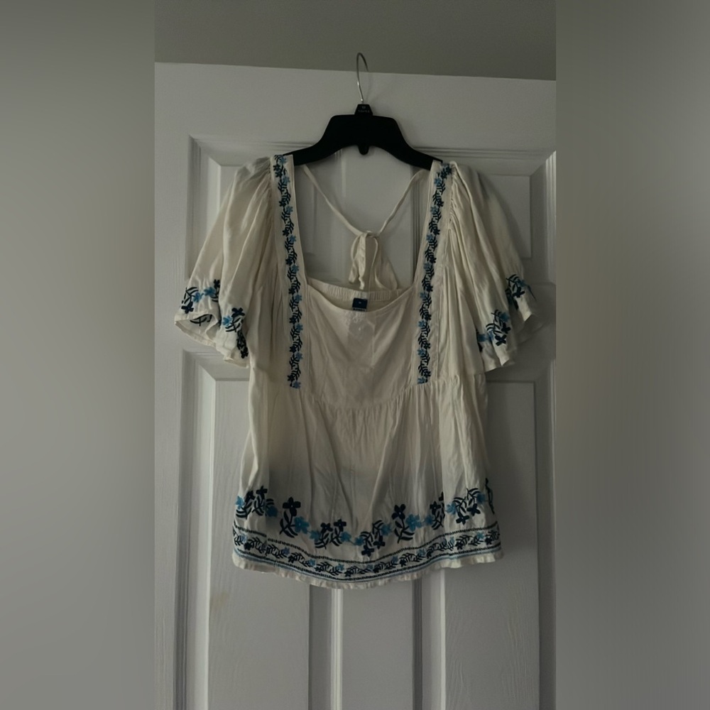 Old Navy Square Neck Linen Top with Blue Floral Detailing